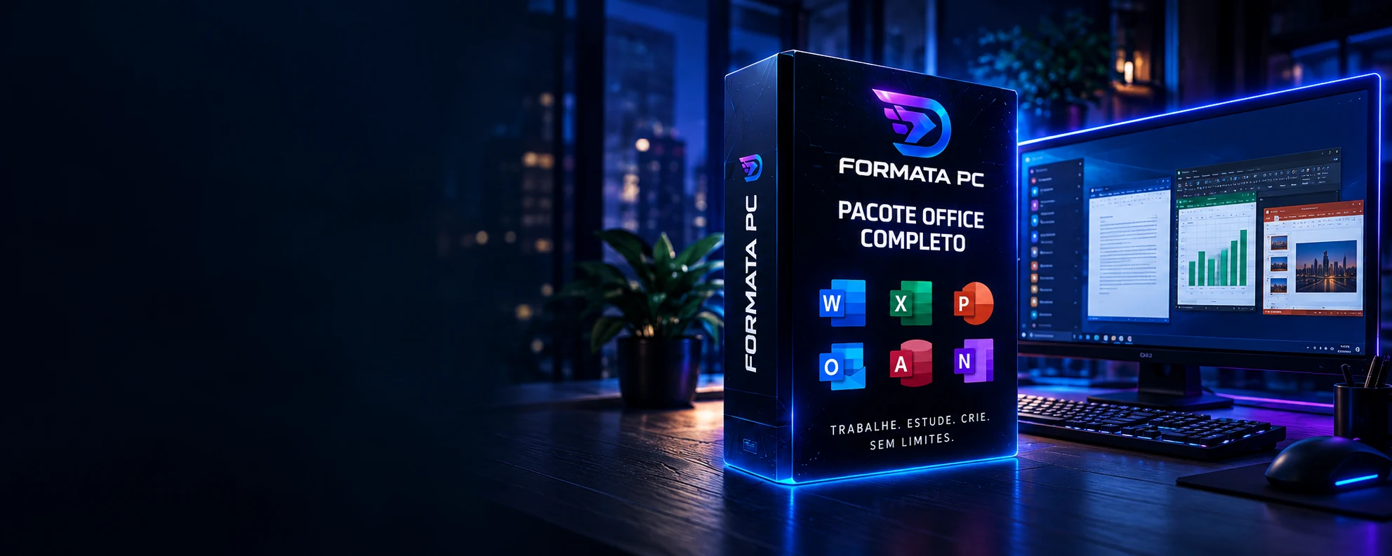 Caixa do Pacote Office Formata PC ao lado de um monitor