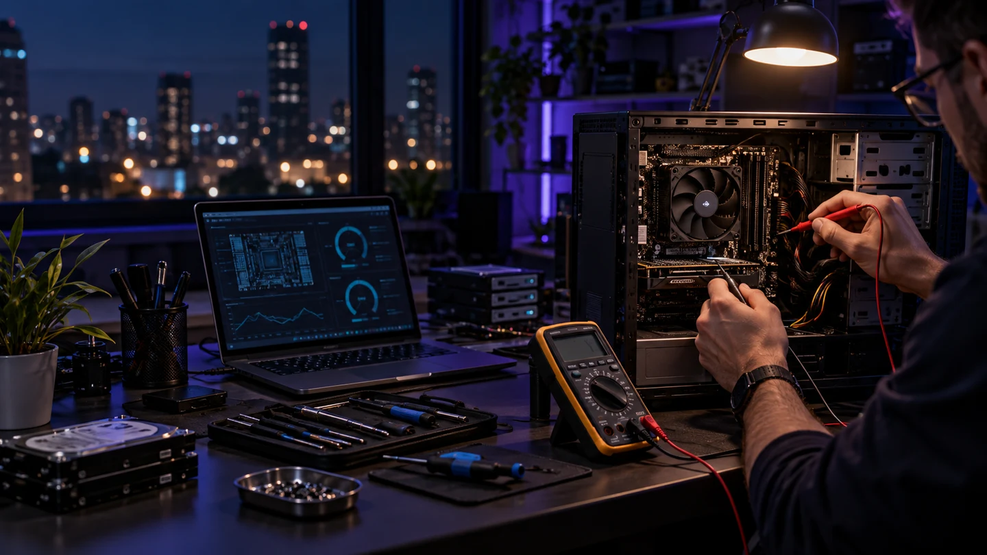 Técnico diagnosticando um computador em uma bancada durante a noite