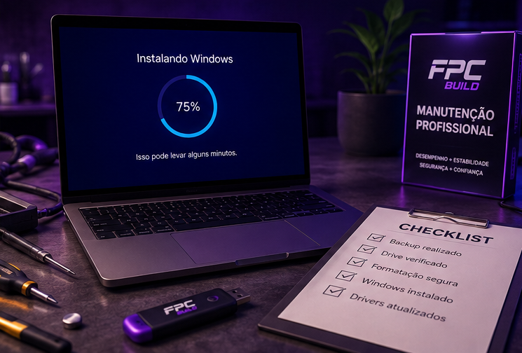 Computador gamer com Windows sendo otimizado após formatação profissional