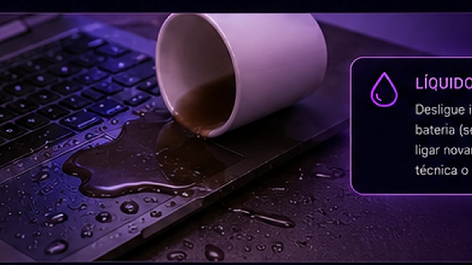 Notebook com líquido derramado sobre o teclado em bancada técnica