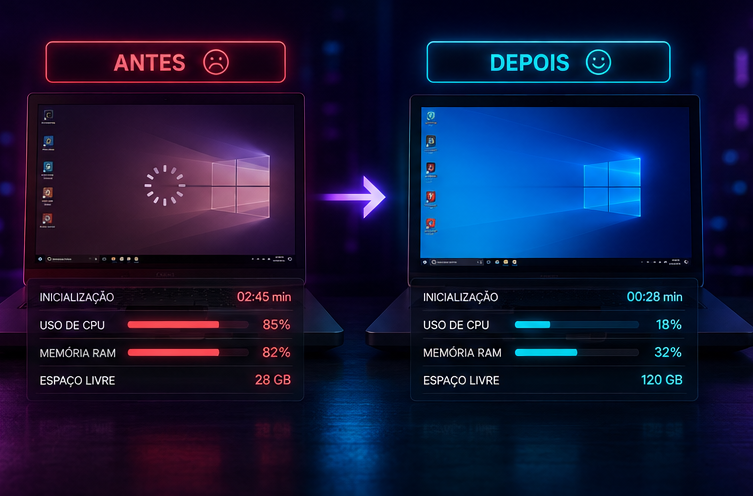 Comparação visual entre um PC lento e um Windows limpo após manutenção
